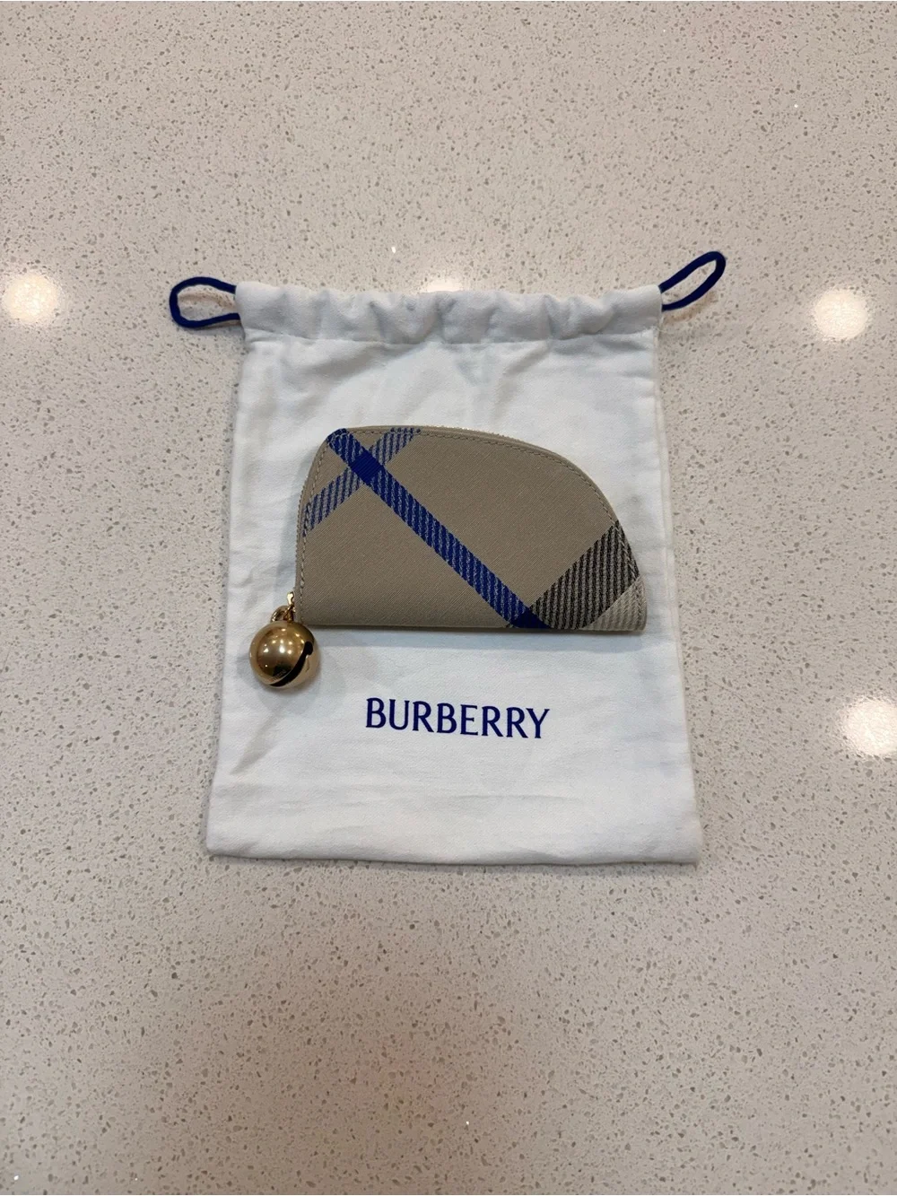 Burberry Beige Coin Pouch/Card Holder with Blue and Black Stripe and Gold Bell